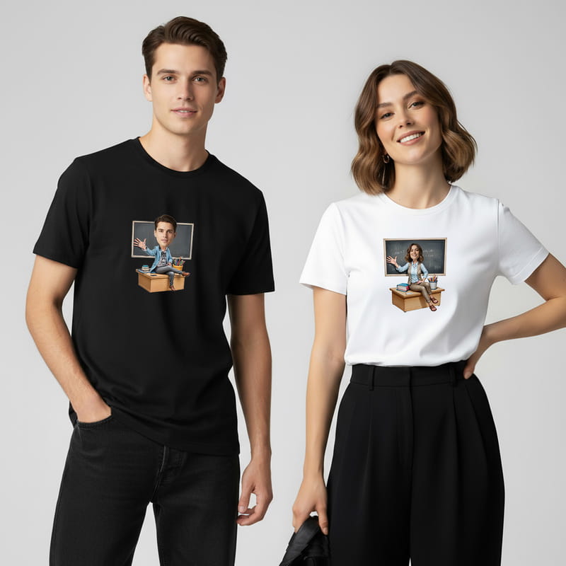 Öğretmenlere Karikatür Baskılı Kişiye Özel Tişört