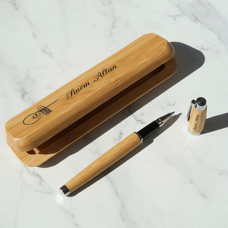 Osmanlı Tuğralı Hediye Bambu Kutulu Kalem Seti