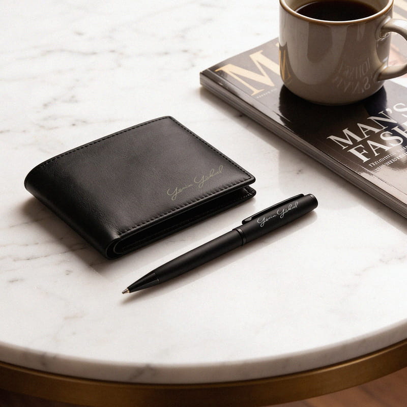 Özel Kutusunda İsimli Cüzdan Kalem Hediye Seti - Hakiki Deri