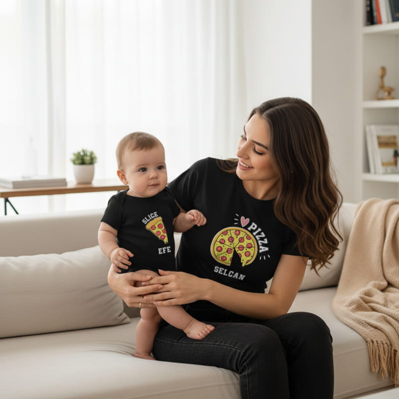 Pizza Tasarımlı Anne Tişört Çocuk Body Kombini - %100 Pamuklu Kumaş