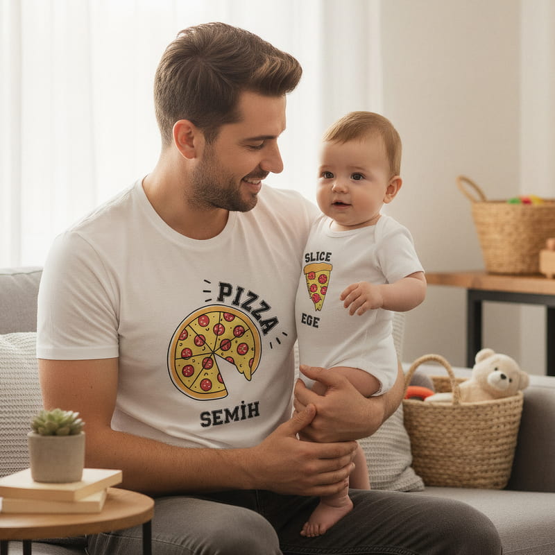 Pizza Tasarımlı Baba Tişört Bebek Zıbın Kombini - %100 Pamuklu Kumaş