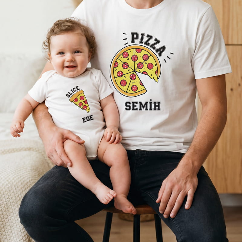 Pizza Tasarımlı Baba Tişört Bebek Zıbın Kombini - %100 Pamuklu Kumaş