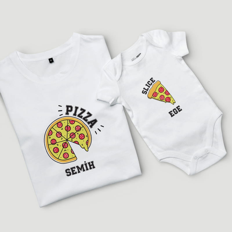 Pizza Tasarımlı Baba Tişört Bebek Zıbın Kombini - %100 Pamuklu Kumaş