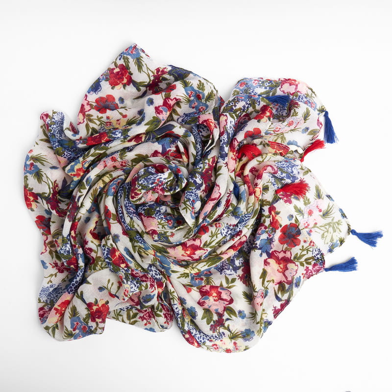 Püsküllü Bahar Çiçekleri Kadın Şal