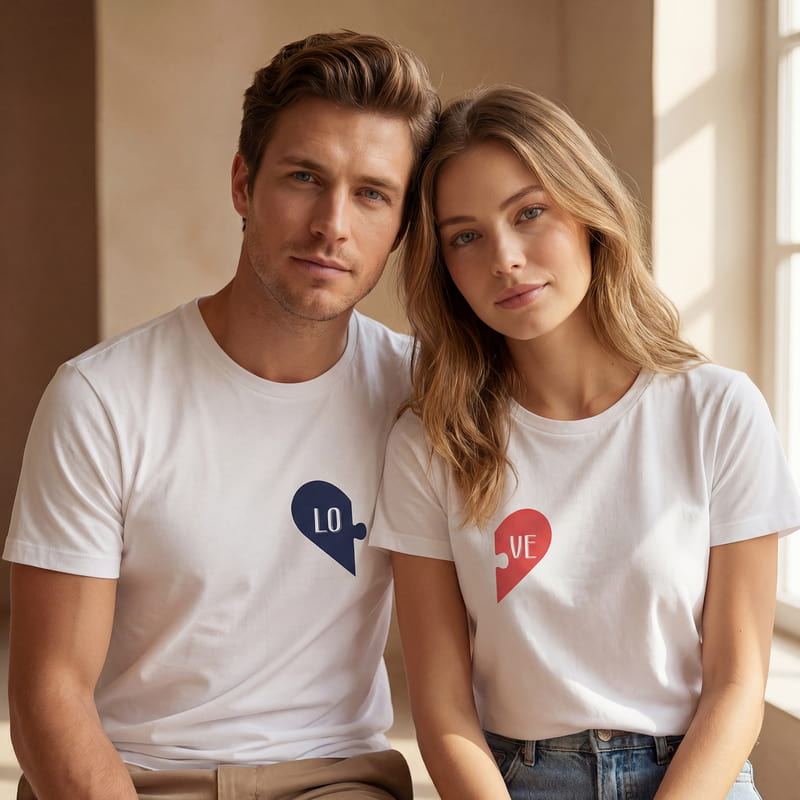 Puzzle Kalpli Sevgiliye Özel İkili Tişört Kombini - %100 Pamuklu Kumaş