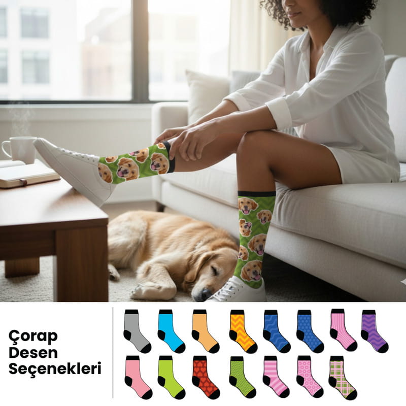 Renkli Desenler Fotoğraf Baskılı Çorap