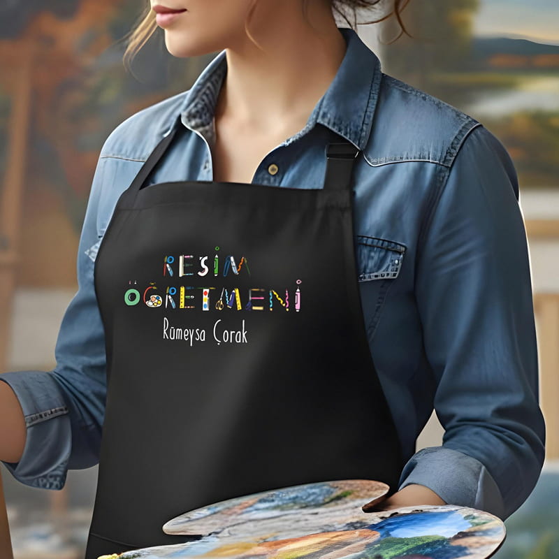 Resim Öğretmenine Hediye Kişiye Özel Unisex Siyah Çalışma Önlüğü