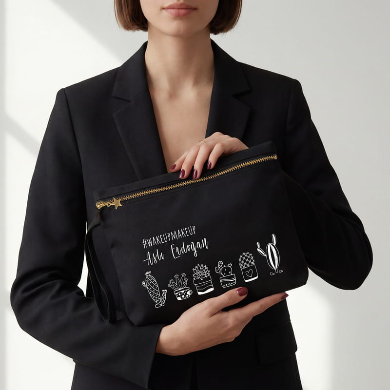 Retro Kaktüs Tasarımlı Kişiye Özel Kanvas Makyaj Çantası