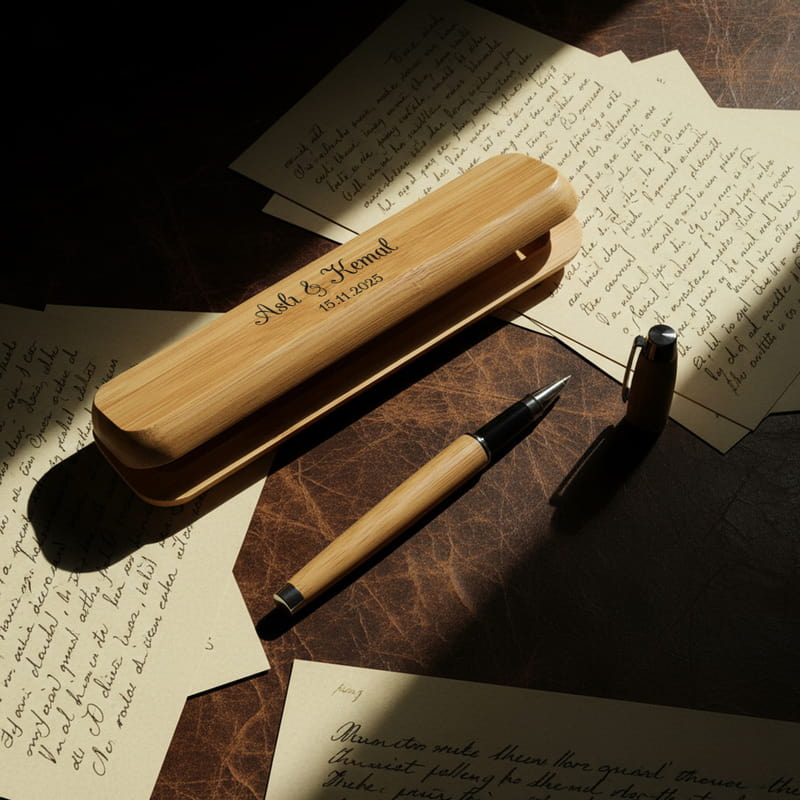 Sevgiliye Hediye Bambu Kutulu Kalem Seti