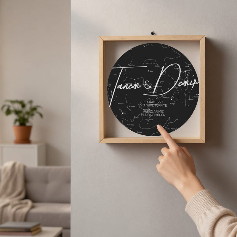 Sevgiliye Hediye Özel Gün Yıldız Haritası Tasarımlı Ahşap Anı Kumbarası