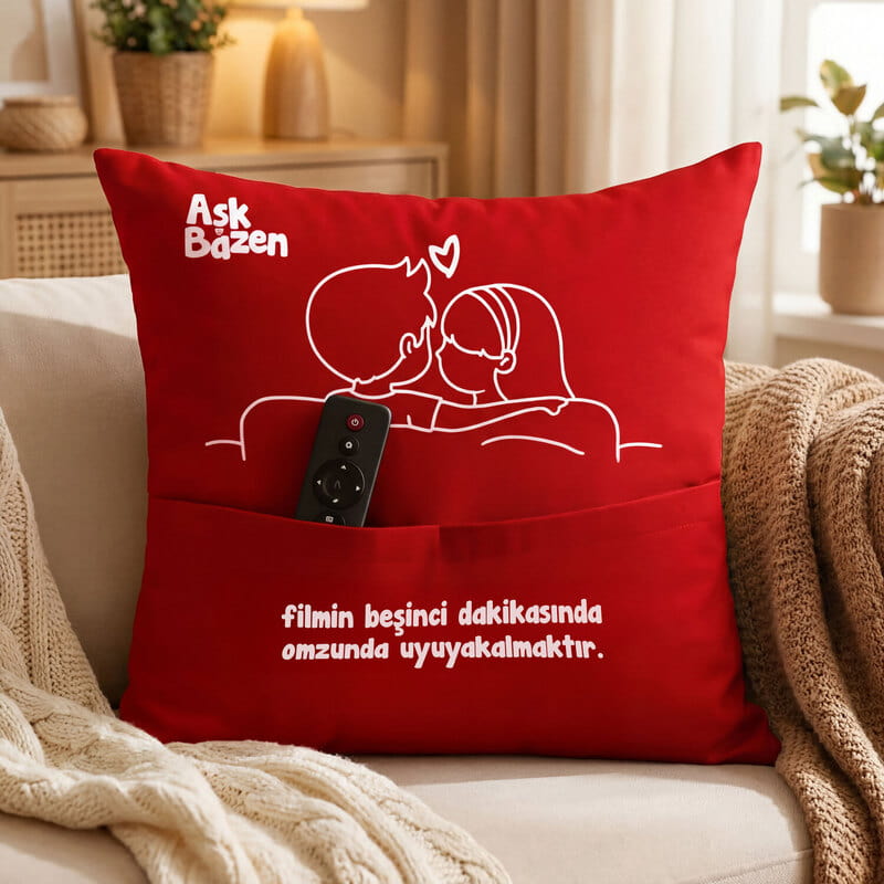 Sevgiliye Özel Aşk Bazen Cepli Kırlent Yastık