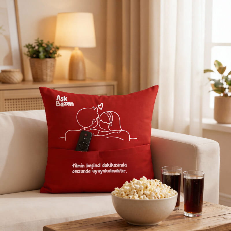 Sevgiliye Özel Aşk Bazen Cepli Kırlent Yastık