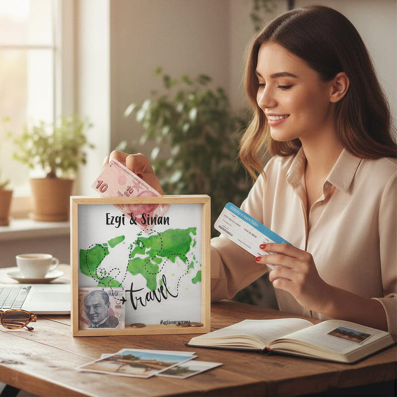 Seyahat Severlere Özel Ahşap Kumbara Kutusu