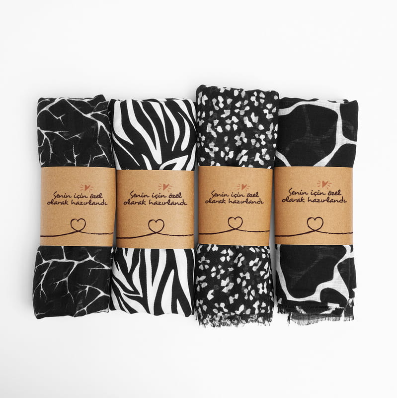 Siyah Beyaz Desenli 3'lü Şal Hediye Seti