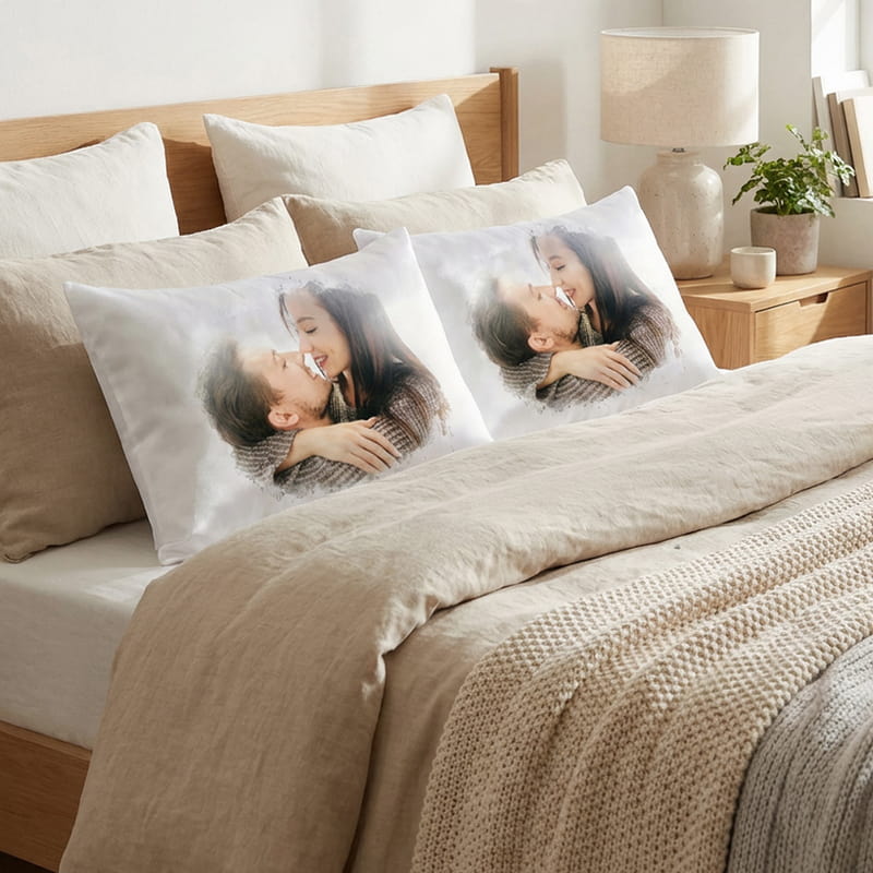 Sulu Boya Efektli Fotoğraf Baskılı Saten Yastık