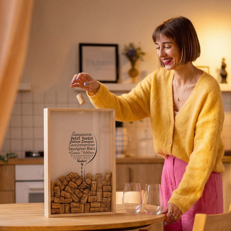 Tipografik Üzüm Çeşitleri Kadeh Tasarımlı Mantar Tıpa Kumbarası