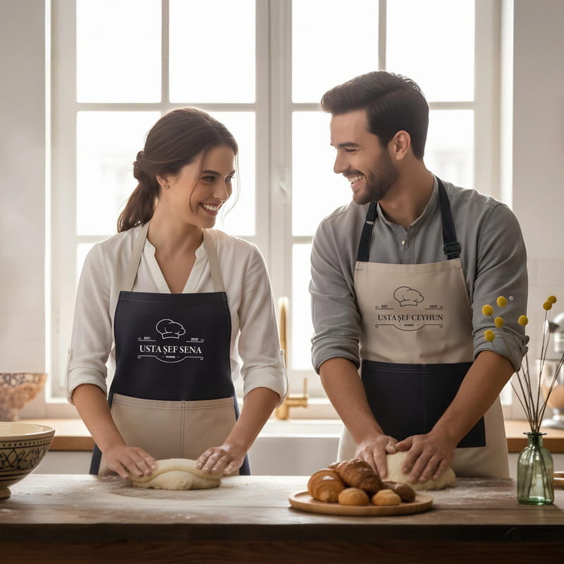 Usta Şef Tasarımlı Çift Renkli İsme Özel Mutfak Önlüğü