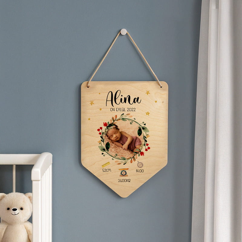 Yenidoğan Bebek Kapı Süsü - Fotoğraflı Ahşap Pano Kapı Süsü
