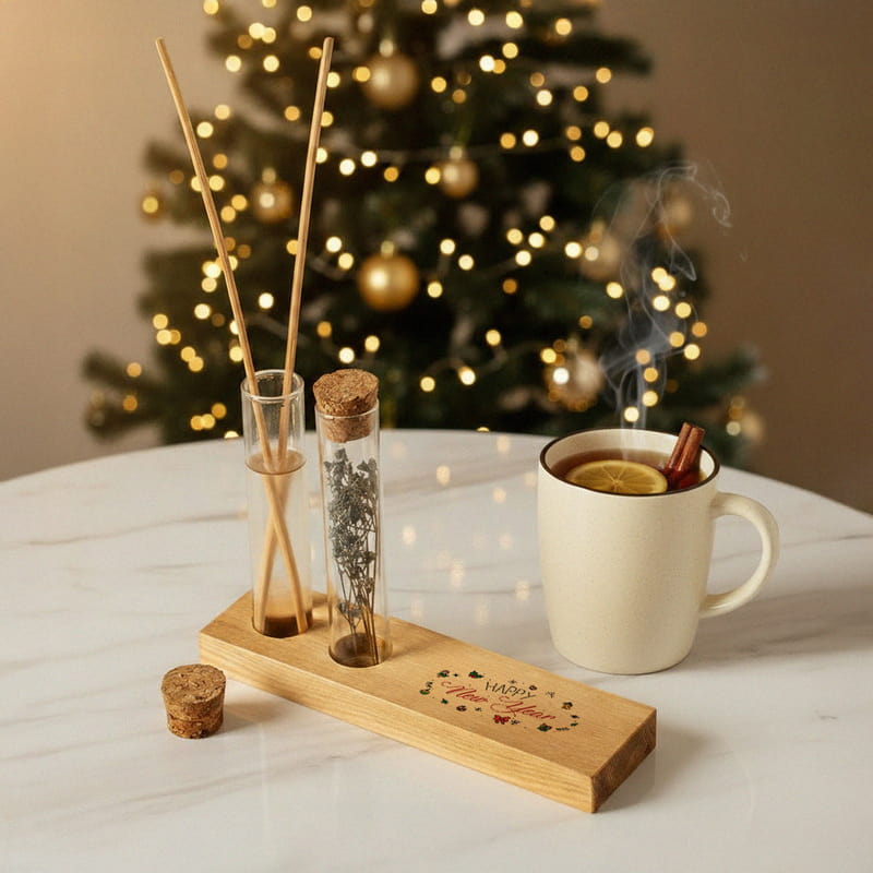 Yılbaşı Tasarımlı Dekoratif Set - Bambu Oda Kokusu Şişesi