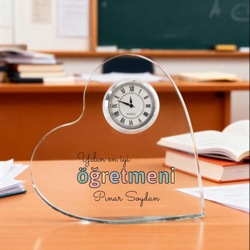Yılın En İyi Öğretmeni İsimli Akrilik Saat Kalp Ödülü