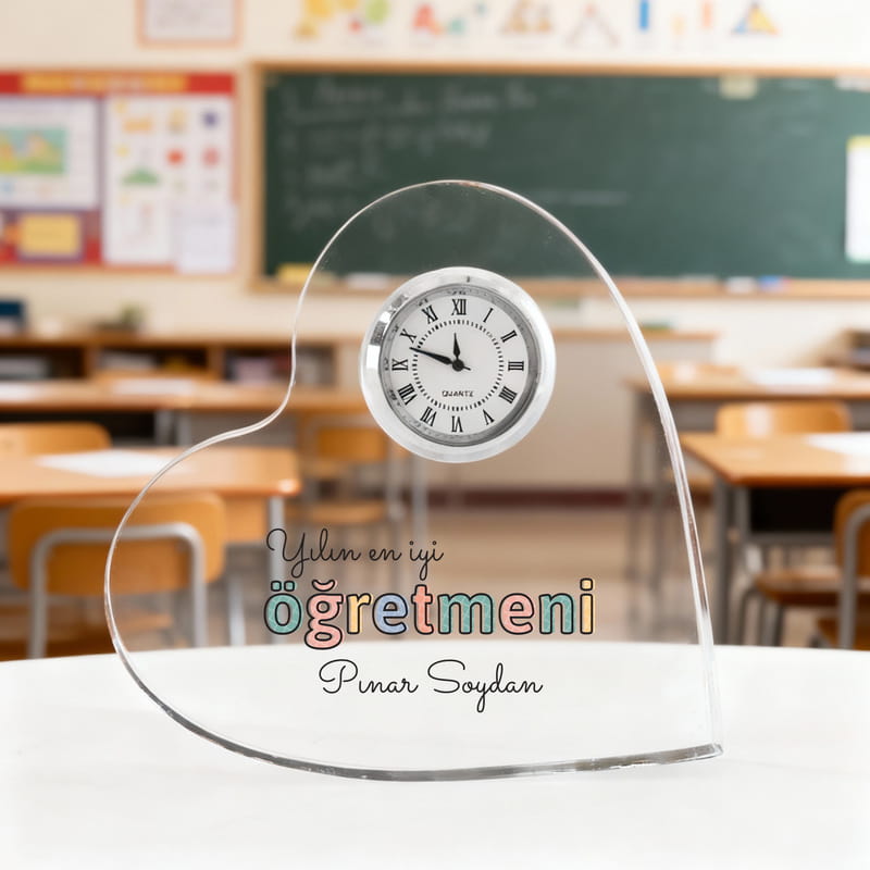 Yılın En İyi Öğretmeni İsimli Akrilik Saat Kalp Ödülü