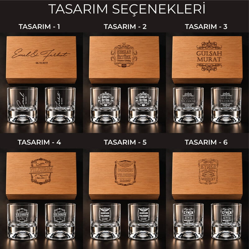 Ahşap Kutulu Kişiye Özel 2'li Viski Kadehi Seti - Tasarım Seçenekli