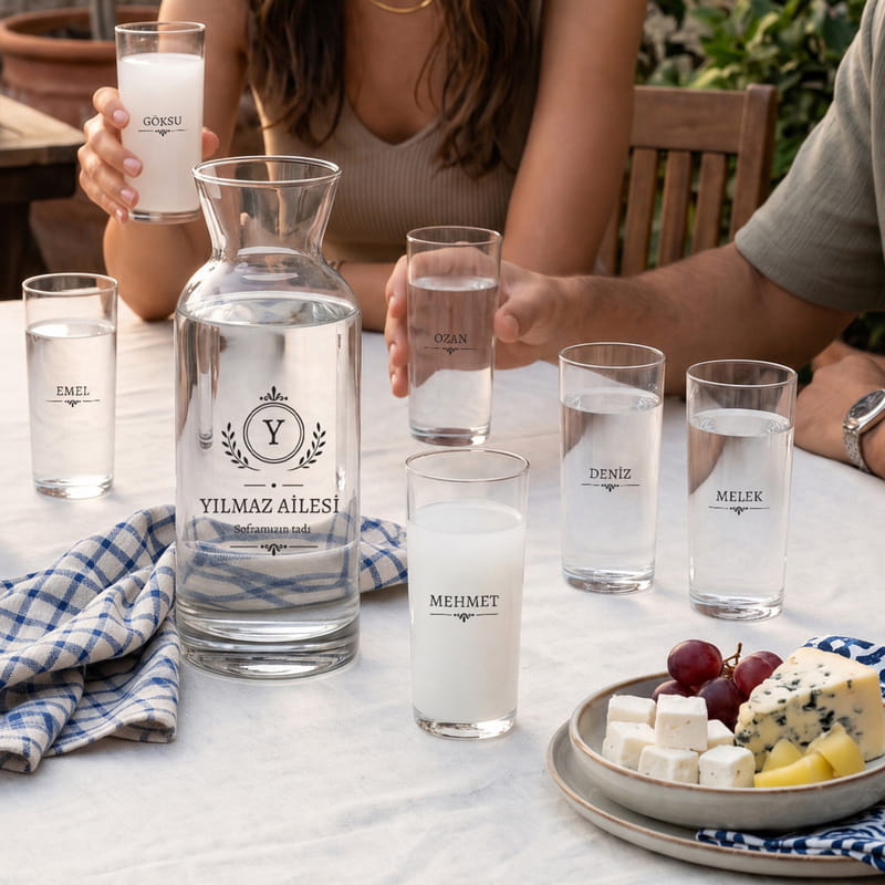 Aile Özel Serisi 6'lı Rakı Bardağı ve Karaf Seti - Tasarım Seçenekli