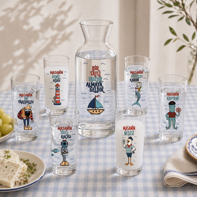 Aile Özel Serisi 6'lı Rakı Bardağı ve Karaf Seti - Tasarım Seçenekli
