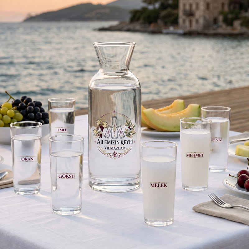 Aile Özel Serisi 6'lı Rakı Bardağı ve Karaf Seti - Tasarım Seçenekli