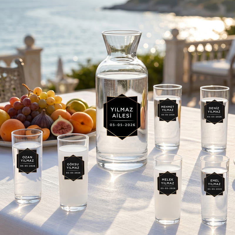 Aile Özel Serisi 6'lı Rakı Bardağı ve Karaf Seti - Tasarım Seçenekli