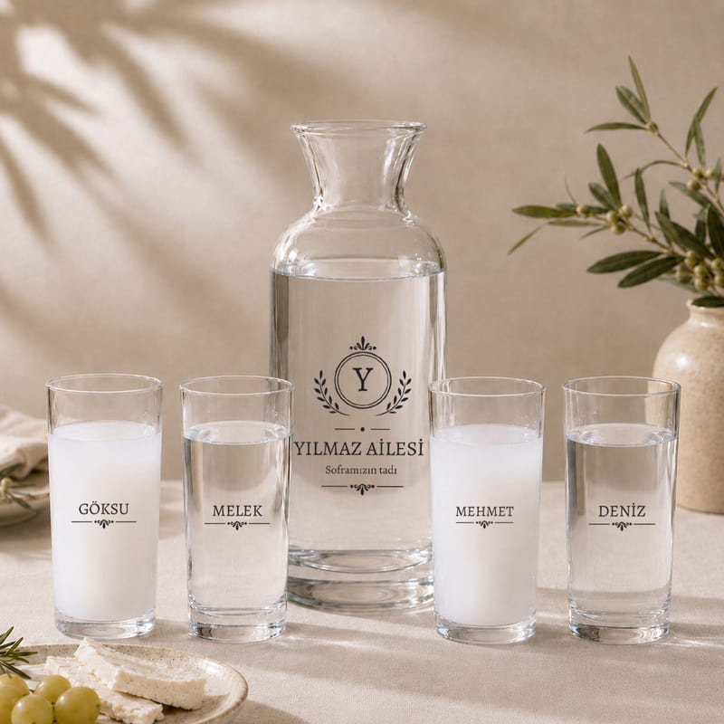 Aileden Biri Kişiye Özel 4'lü Rakı Kadehi ve Karaf Seti