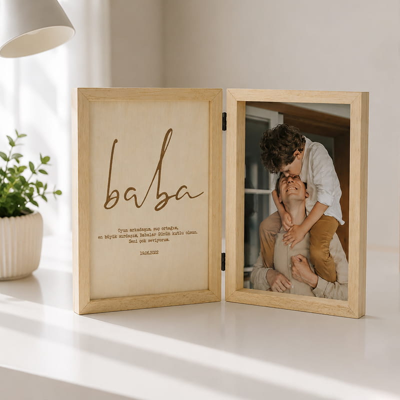 Babaya Hediye Fotoğraf ve Mesaj Baskılı Ahşap Kapaklı Çerçeve