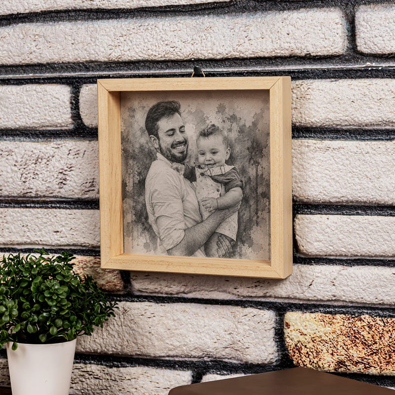 Babaya Hediye Karakalem Fotoğraflı Ahşap Tablo