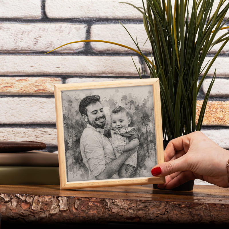 Babaya Hediye Karakalem Fotoğraflı Ahşap Tablo