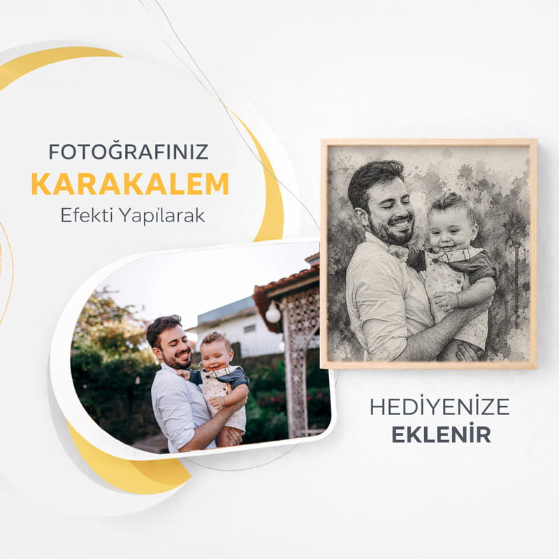 Babaya Hediye Karakalem Fotoğraflı Ahşap Tablo