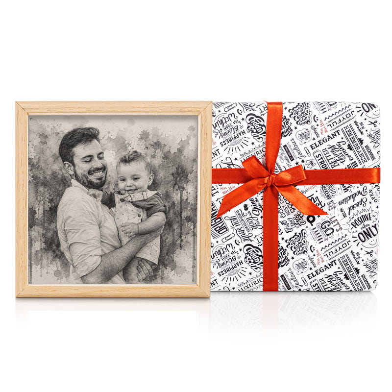Babaya Hediye Karakalem Fotoğraflı Ahşap Tablo
