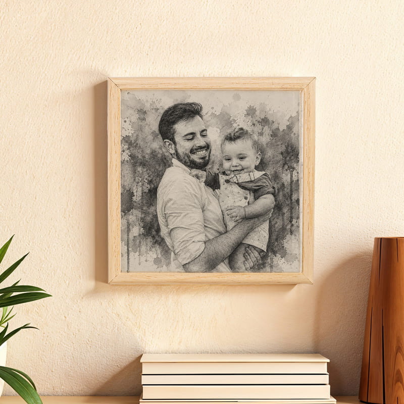Babaya Hediye Karakalem Fotoğraflı Ahşap Tablo