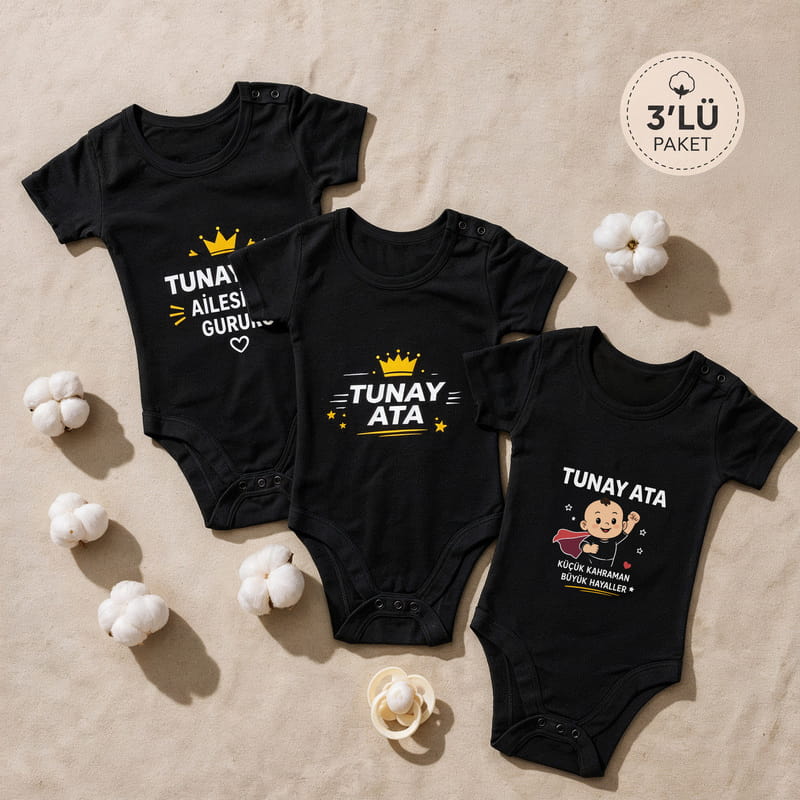 Bebeklere Özel İsimli 3lü Siyah Body Seti - 3 - 6 Ay Beden