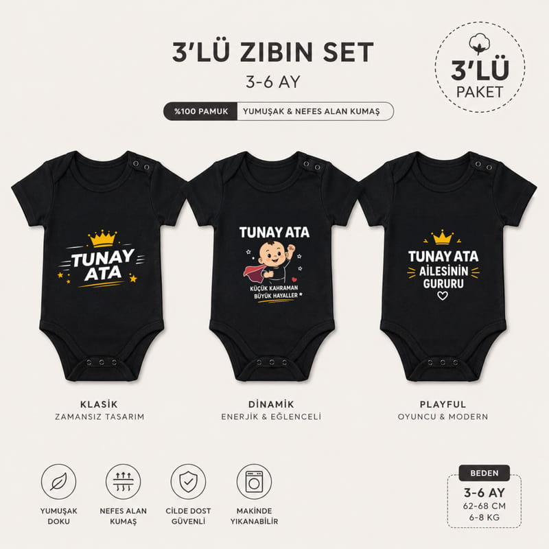 Bebeklere Özel İsimli 3lü Siyah Body Seti - 3 - 6 Ay Beden