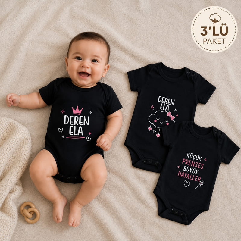 Bebeklere Özel İsimli 3lü Siyah Body Seti - 3 - 6 Ay Beden