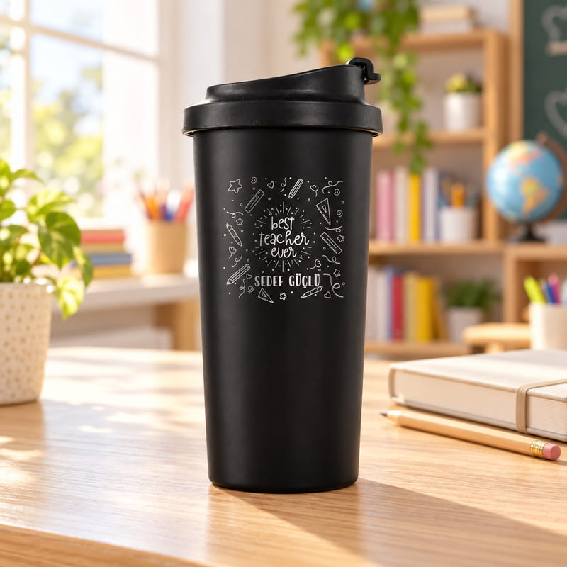 Best Teacher Ever Mesajlı İsme Özel Siyah Çelik Termos