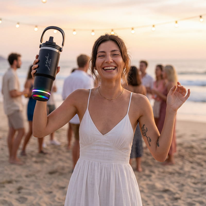 Bluetooth Hoparlörlü Kişiye Özel Çelik Termos - Senkronize Led Işıklı