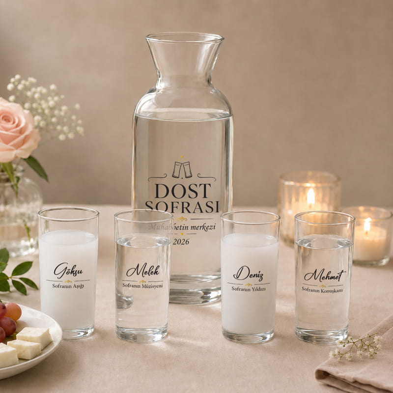 Dost Muhabbet Masası 4'lü Rakı Kadehi ve Karaf Seti