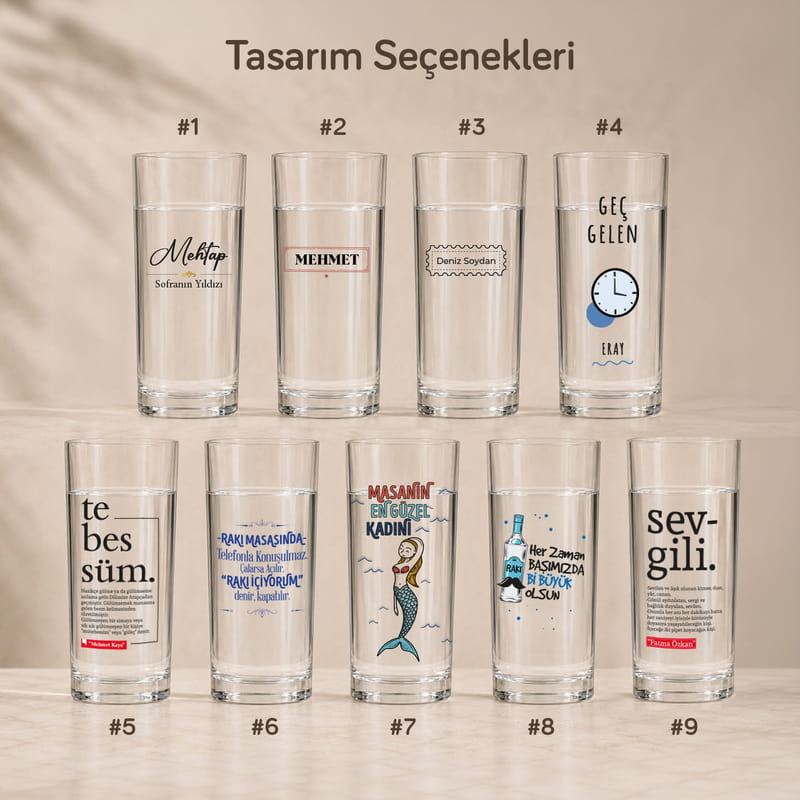 Dost Sofrası İsme Özel 6'lı Rakı Kadehi Karaf Seti - 9 Tasarım Seçenekli