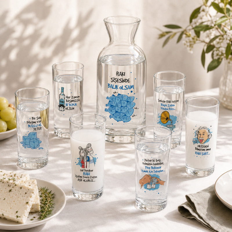 Dost Sofrası İsme Özel 6'lı Rakı Kadehi Karaf Seti - 9 Tasarım Seçenekli