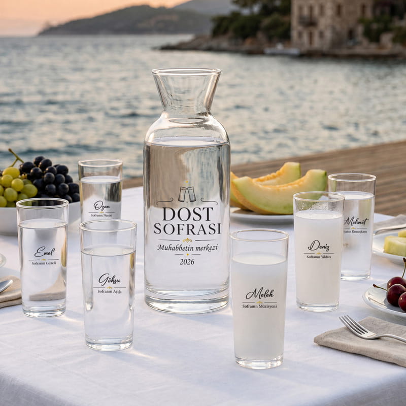 Dost Sofrası İsme Özel 6'lı Rakı Kadehi Karaf Seti - 9 Tasarım Seçenekli