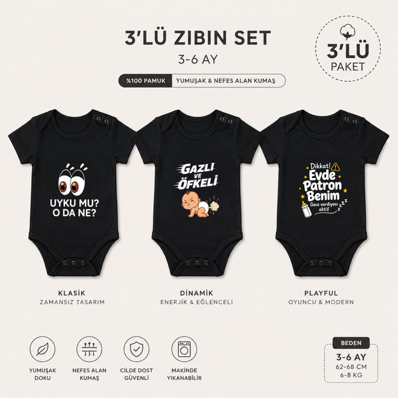 Esprili 3’lü Siyah Bebek Body Seti - Tek Beden 3-6 Ay