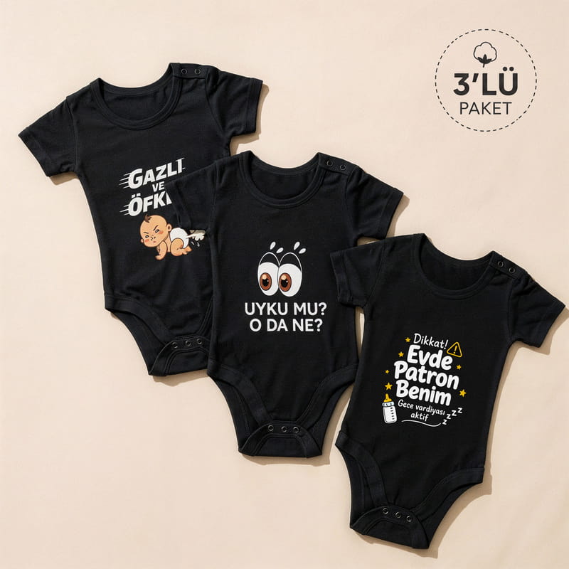 Esprili 3’lü Siyah Bebek Body Seti - Tek Beden 3-6 Ay