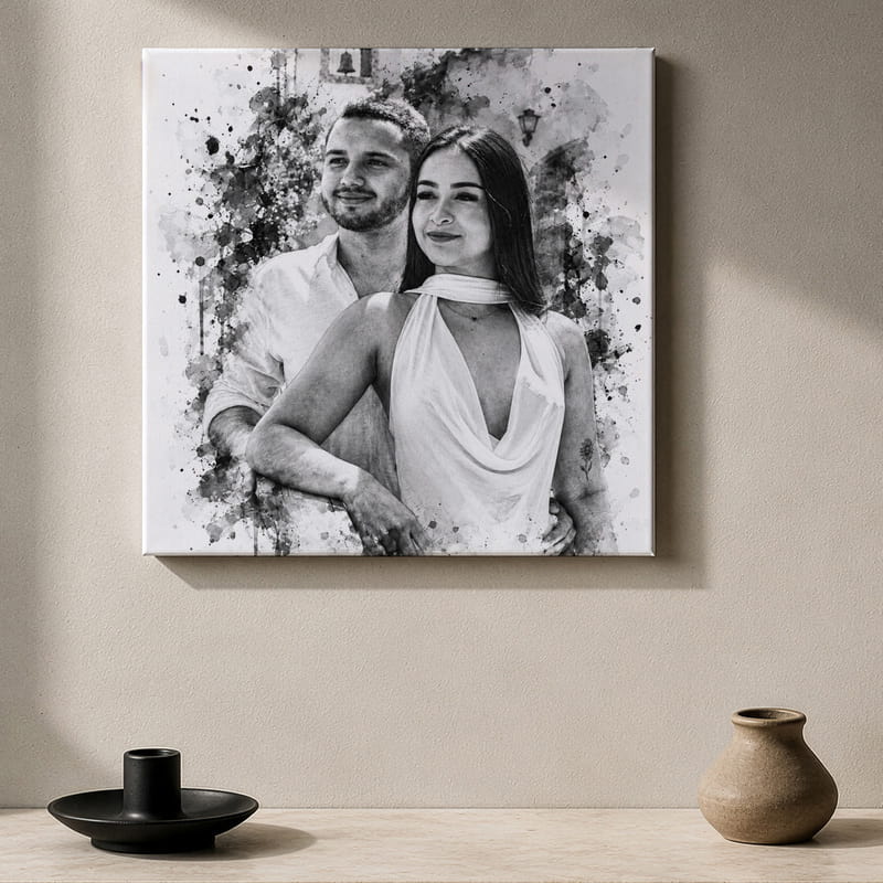 Evlilik Yıldönümü Hediyesi Karakalem Baskılı Kanvas Tablo 40x40