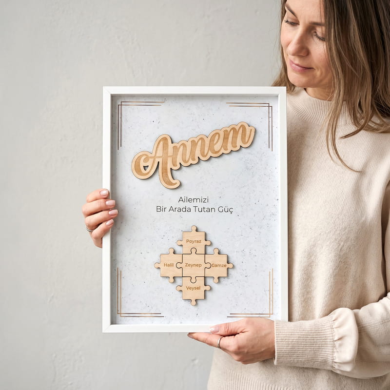 Güçlü ANNEM 3D Aile Yapbozlu Ahşap Çerçeve 30x40
